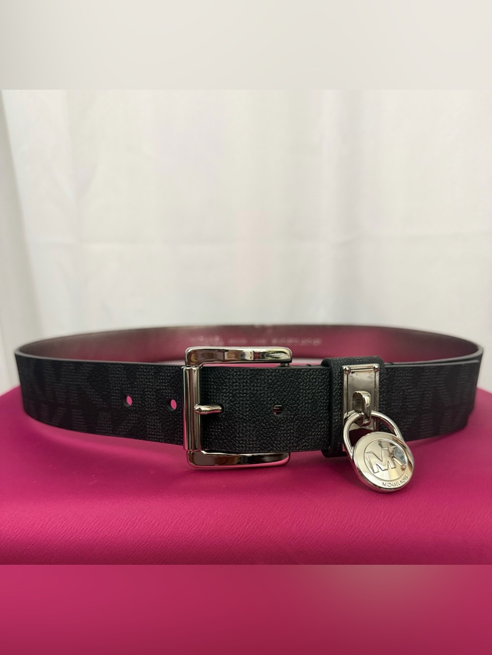 Michael Kors Black Monogrammed Belt w/ Silvertone Buckle & Padlock Charm Large